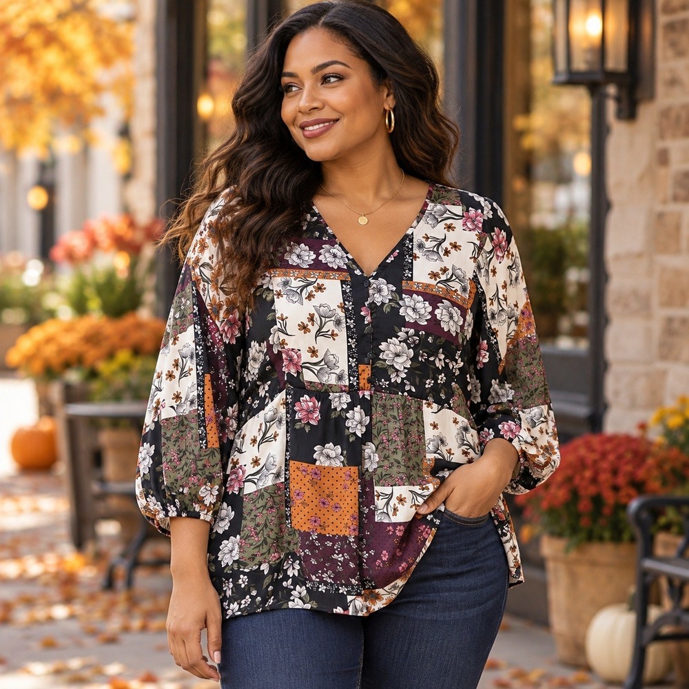 Style & Co Blouse Women Medium Multicolor Patchwork Floral V-Neck Peplum Boho